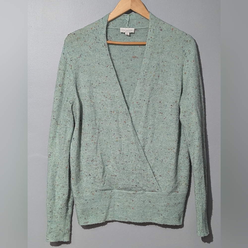 Lucky Brand Womens Faux Wrap Speckled Mint Green Pullover Sweater Soft Girl